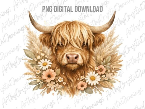 Download Floral Boho Highland Cow Farm Animal PNG - Animal Collection